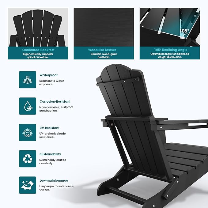 THOEOE Folding Adirondack Chair Set of 4,HDPE All-Weather Outdoor Chair with Cup Holder,Wooden Textured,Fire Pit Chair,Plastic Patio Chair for Deck,Backyard,Garden,Lawn, Black