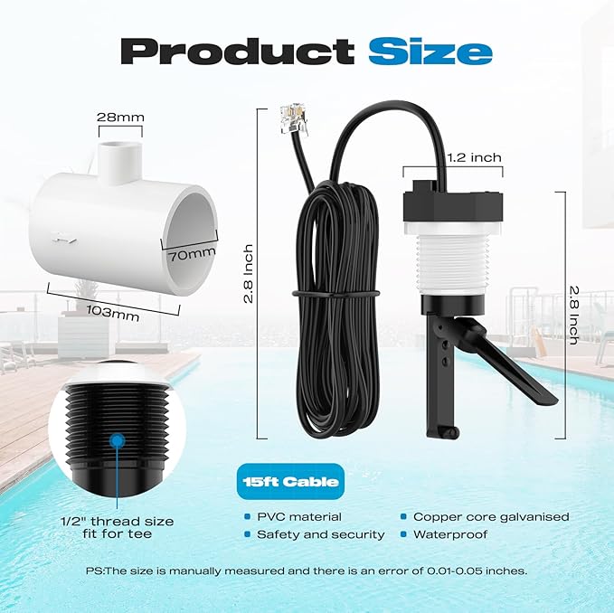 Malicetel Flow Switch GLX-FLO-RP for Hayward Goldline Aquarite Salt System Pool Flow Sensor Suitable Hayward Salt Cell and Chlorine Generator with Tee and 15ft Cable