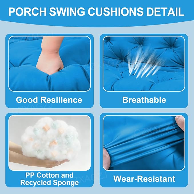 Porch Swing Cushions 5" Thicken Waterproof Outdoor Swing Cushions 3 Seater Replacement with Backrest and Ties Patio Swing Cushion for Outdoor Furniture Bench Backyard Lawn Garden(Peacock Blue)