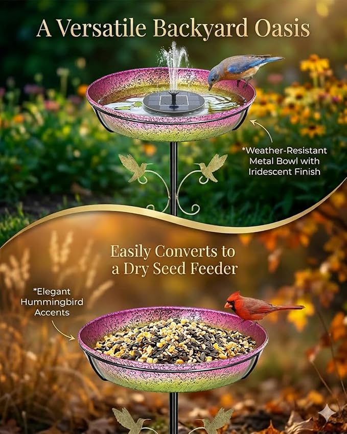 Bird Bath for Outside Standing Metal Birdbaths Birdfeeder 12" Detachable Bowl Iridescent Pink Yellow Bird Baths Feeder with Upgraded 5-Pronged Base for Garden Outdoor Lawn Patio Yard Decor 35" Tall