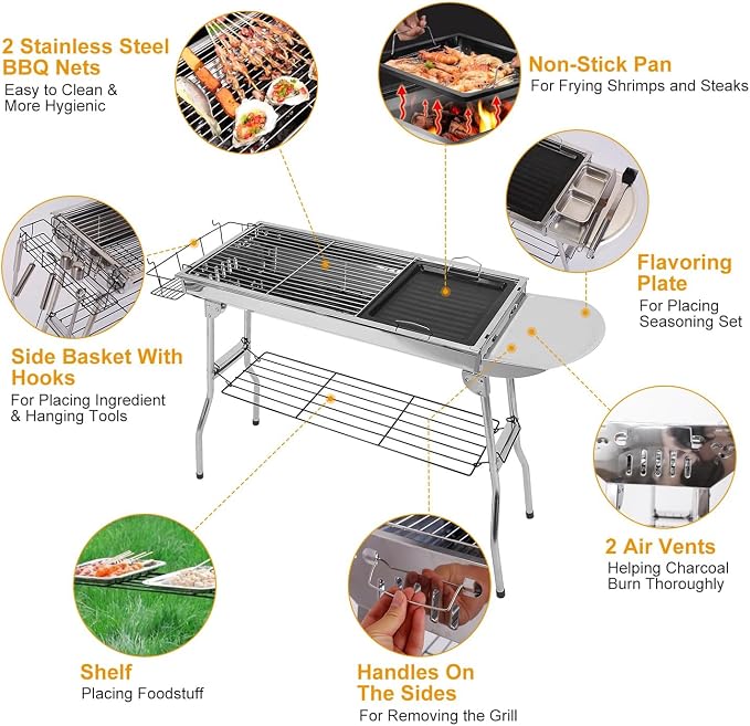 Portable Charcoal Grill, Large Stainless Steel Folding Grill with Side Table & Storage, Barbecue for outdoor Cooking Camping Parties Garden, Backyard Grilling and Family Picnics (39x13x28 In)