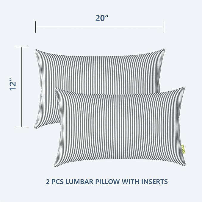LVTXIII 12×20 Inch Outdoor Lumbar Pillows, Pack of 2 Water Repellent Lumbar Pillow with Inserts, Fluffy Decorative Garden Lumbar Cushions for Home Patio Coach Sofa Use, Topanga Stripe Grey