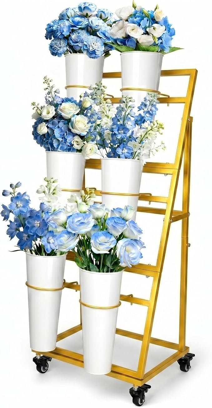 Flower Bar Stand with 6 Buckets, 3-Tier Metal Flower Display Stand on Wheels, Mobile Flower Cart for Indoor & Outdoor Garden, Flower Shop, Wedding, Party Decor(Gold)