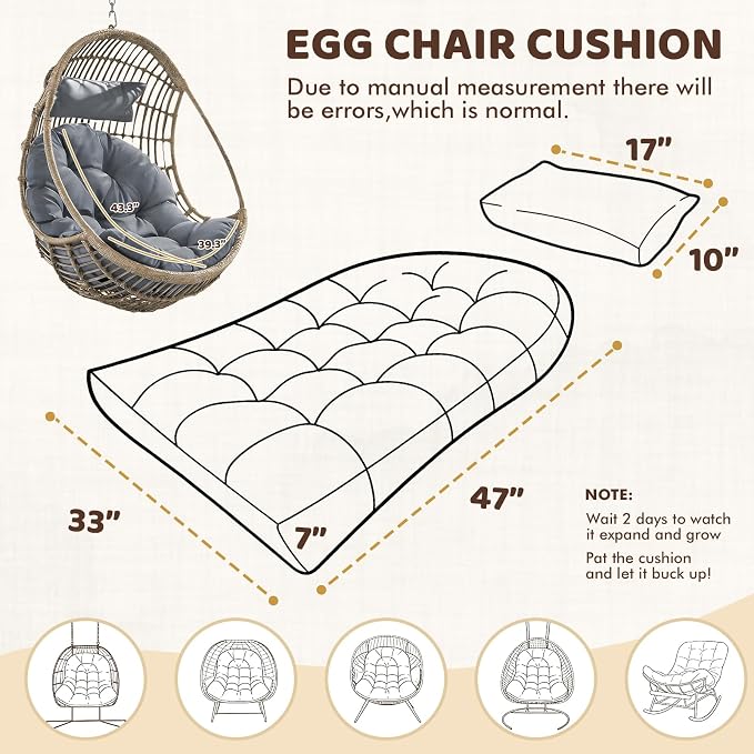 Waterproof Egg Chair Cushion Replacement, 47x33x7 Inches Thicken Outdoor Hanging Chair Cushion with Headrest Pillow, Cushions for Egg Chairs, Gray