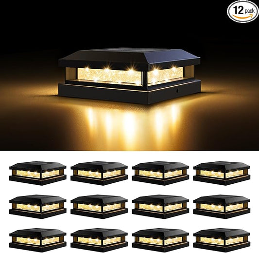 Solar Post Cap Lights Outdoor 12 Packs for 4x4 4.5x4.5 5x5 Vinyl/Wooden Posts, Waterproof Solar Powered Fence Post Light with Warm/Cool Lighting, Black 16LEDs Deck Cap Light for Garden, Patio, Porch
