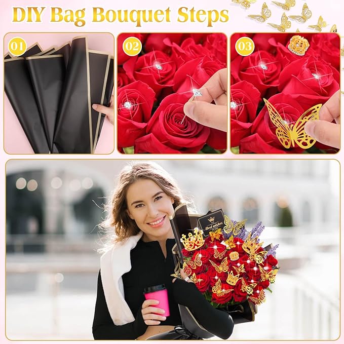 Tetutor 180pcs Waterproof Flower Wrapping Paper Kit, 20 Sheets Floral Wrapping Paper Bouquet With Ribbons Flower Pins 3d Butterflies and Crowns for Florist Wrap Back