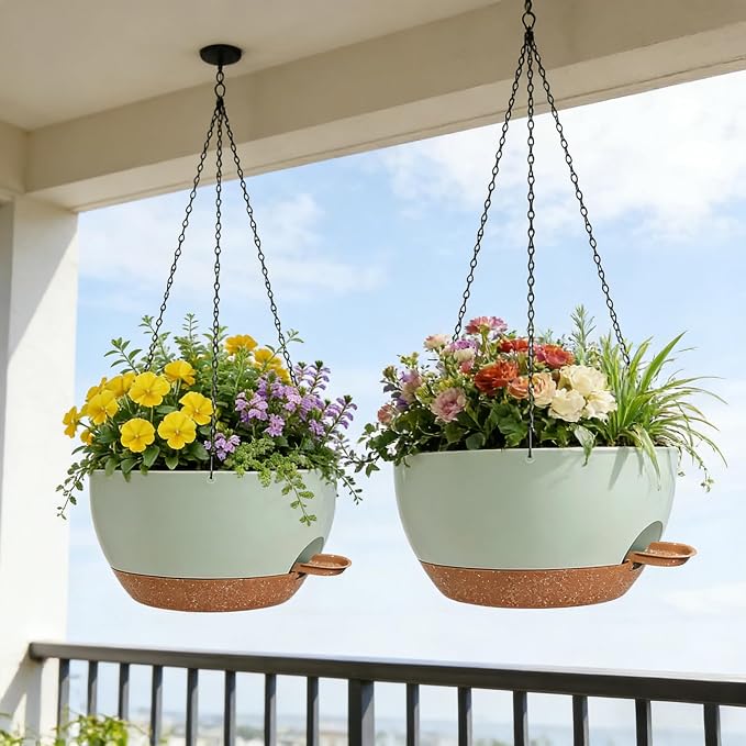 12" Self Watering Hanging Planters, Green Brown, 2 Pack | With Chains