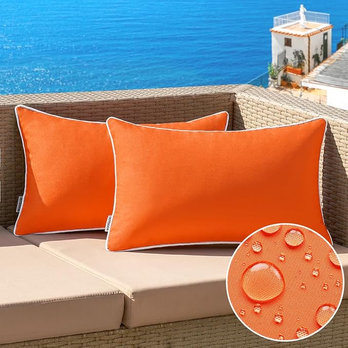 MIULEE Pack of 2 Outdoor Waterproof Pillow Covers Decorative Lumbar Throw Pillows Solid Color Farmhouse Couch Cushion Covers for Patio Tent Bed Sofa Living Room 12x20 Inch Bright Orange