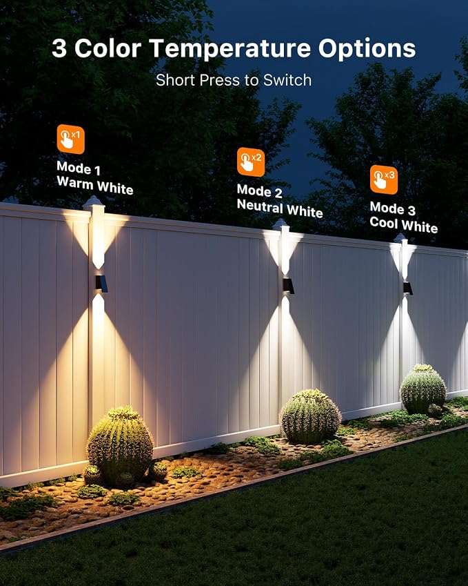 12 Pack Solar Powered Fence Lights Outdoor (Warm/Neutral/Cool White) Waterproof Up and Down Wall Mount LED Decorative Lamp for Outside Patio, House, Backyard, Porch, Deck, Garden with 3 Lighting Modes