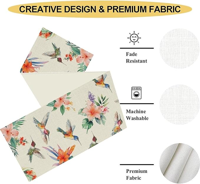 Tropical Floral Table Runner, Retro Seasonal Spring Summer Red Flower Palm Hummingbird Boho Rustic Coffee Table Center Decor for Family Kitchen and Dining Farmhouse Party Table Decorations, 13"x90"