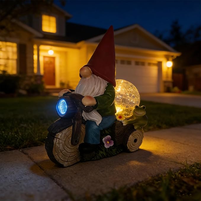Solar Powered Garden Gnome on Motorcycle with Frog and Crackle Glass Globe, Outdoor LED Light Decor for Patio, Lawn, Yard, and Garden (Red)