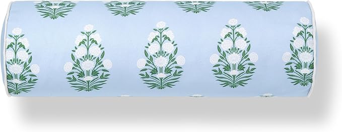 Hofdeco Premium Coastal Grandmillennial Patio Indoor Outdoor Bolster Pillow Cover Only, 6"x20" Water Repellent for Backyard, Couch, Poolside, Baby Blue Green Print Flower