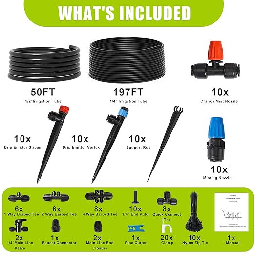 Drip Irrigation Kit Automatic Watering System 247FT Misting Sprinkler DIY Devices with 1/4" & 1/2" Tubing Hose, Adjustable Nozzle Emitters, Quick Connectors for Greenhouse, Garden, Patio