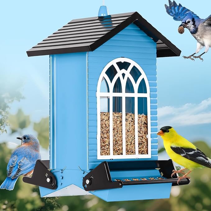 Gbekery Squirrel Proof Bird Feeder for Outdoors,5LB Large Capacity,Metal Wild Bird Seed Feeder with Bilateral Weight-Activated Perches for Outside Hanging,Garden Decoration,Blue