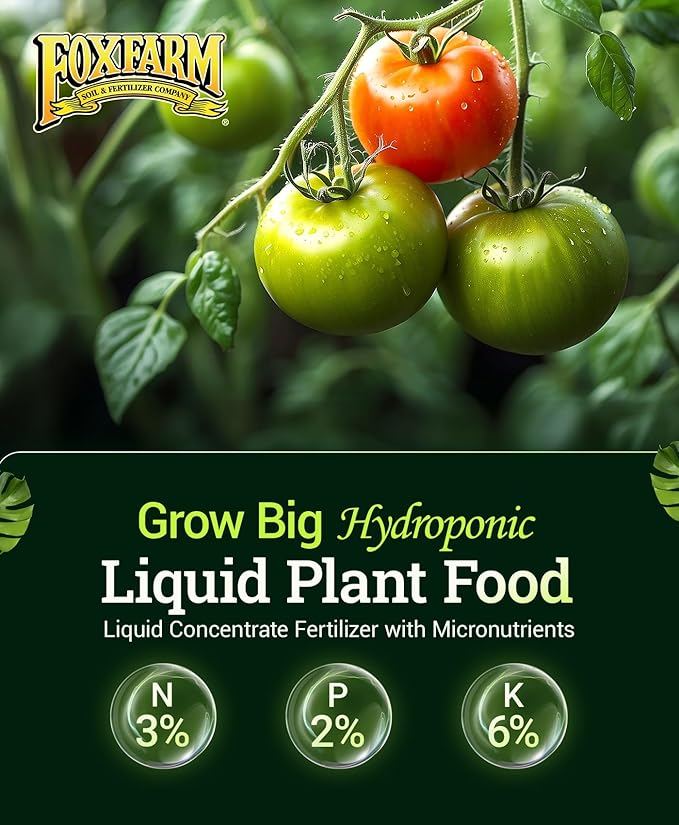 FoxFarm Grow Big Hydroponic Plant Food - 3-2-6 Liquid Plant Fertilizer for Lush Vegetative Growth in Hydroponic Systems - Liquid Concentrate with Earthworm Castings & Micronutrients - 1 Pint