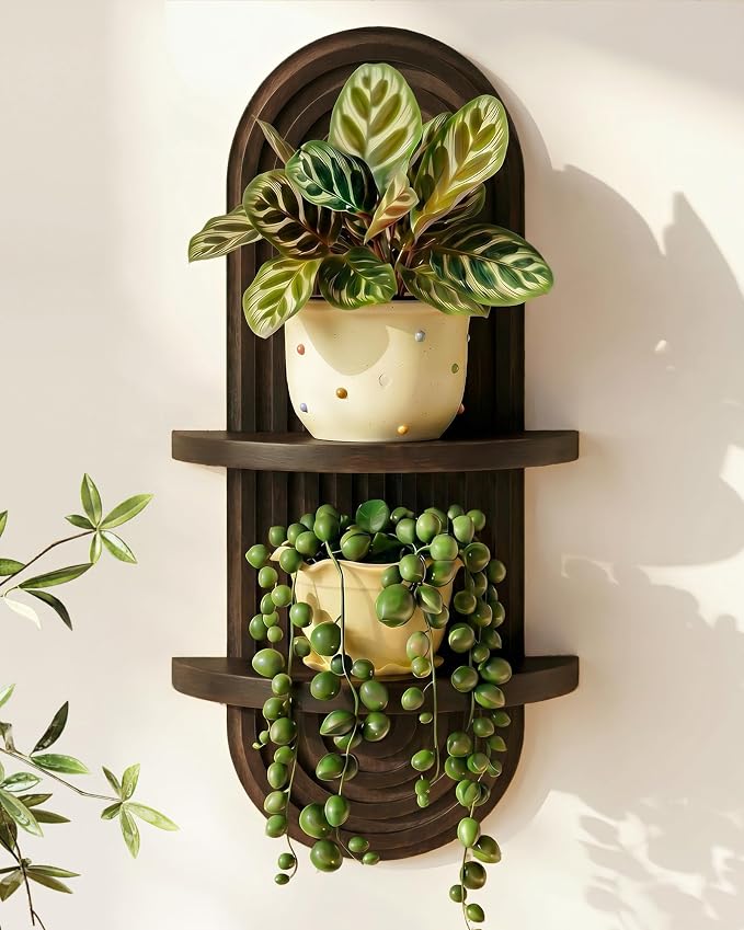 Bamworld Boho Wall Decor Plant Wall Shelf Mid Century Modern Decor Hanging 22in Plant Shelf 2-Tier Wooden Floating Shelves Walnut