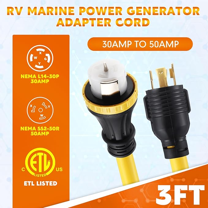 Tellegloww 3FT NEMA L14-30P to SS2-50R RV Marine Power Generator Adapter Cord, 30A 4 Prong Locking Generator L14-30P Male to 50A Marine Shore Power SS2-50R Female with Locking Ring 125V/250V
