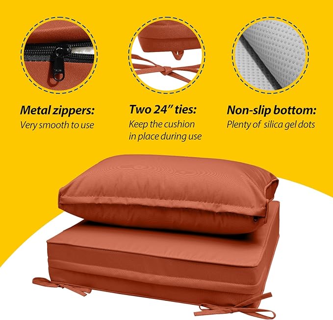 AAAAAcessories Outdoor Seat Cushions for Chairs, Fade-Resistant, Waterproof Patio Furniture Replacement Cushions, 24" x 24" x 5" + 24" x 13.5", Rust