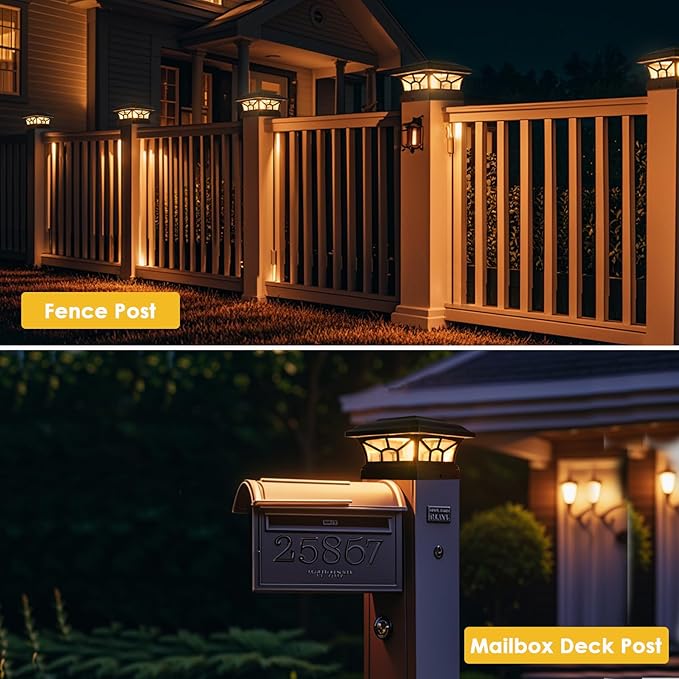 4 Pack Solar Post Cap Lights Outdoor Waterproof, Fits 4x4, 5x5, 6x6 Wooden & Vinyl Fence Decks with Warm & Cool White Light Modes.(Classic Black,4)