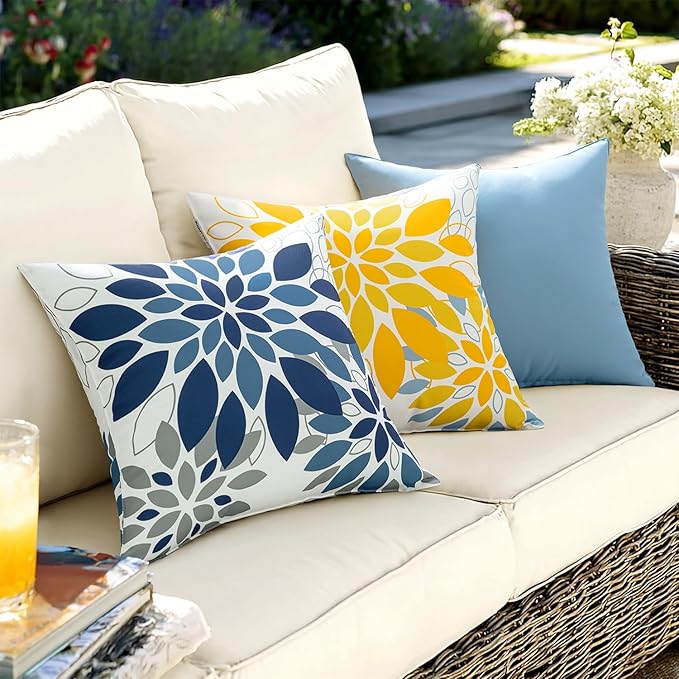 Floral Outdoor Pillow Covers Waterproof Spring Throw Pillow Cases Dark Blue Grey 16x16 Inch Set of 2 Decorative Summer Cushion Covers for Patio Furniture Garden Bench Porch Sofa