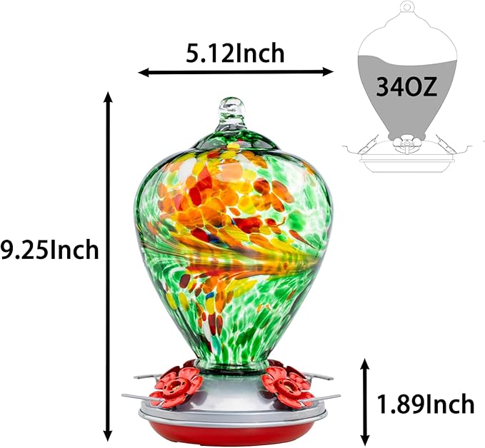 Muse Garden Hummingbird Feeders for Outdoors Hanging, Blown Glass Hummingbird Feeder, Hummingbird Gifts for Mom, Garden Backyard Decor, Unique Gifts Idea for Women Mothers Day, 34OZ, Peacock | Muse Garden Hummingbird Feeders for Outdoors Hanging, Blown...