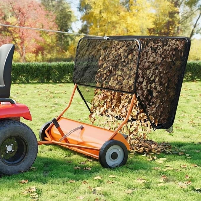 52" Large Capacity Pull Behind Lawn Sweeper with Adjustable Sweeping Height - Leaf & Grass Collector with Dumping Rope Design for Picking Up Grass and Debris