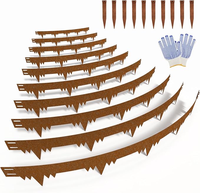 Metal Landscape Edging Border 10 Packs 42'' L x 4.5'' H, Pre-Rusted Steel Garden Edging Border with 10 Stakes, Hammer-in Lawn Edging for Landscaping, Flower Bed, Yard, Pathway, Tree Ring (35ft Total)