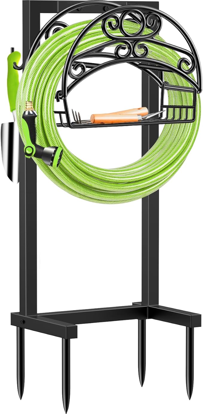 TomCare Garden Hose Holder Upgraded Water Hose Holder with Storage Basket Heavy Duty 4 Spikes Hose Hanger Holds 160 Feet Hoses Stable Freestanding Hose Storage Organizer for Outside Yard