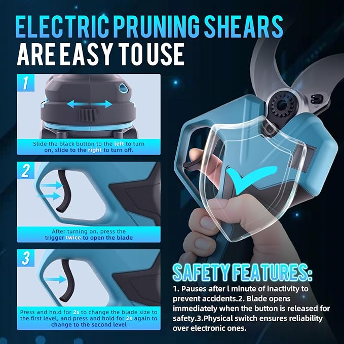 RYOJEGK 21V Brushless Electric Pruning Shears, 1.6-Inch Cutting Cordless Power Pruner with 2x2.0Ah Battery & 3 SK5 Blades, 2.4" Max Opening Garden Shears for Tree Trimming and Fruit Harvesting