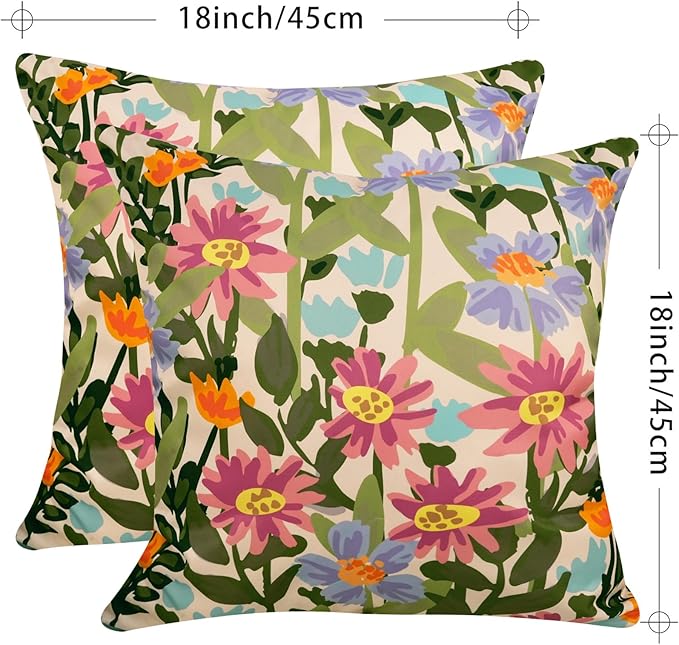 Pyonic Outdoor Pillows Waterproof Cover Pack of 2 Floral Waterproof Throw Pillows 18x18 inch for Patio Furniture Garden Furniture