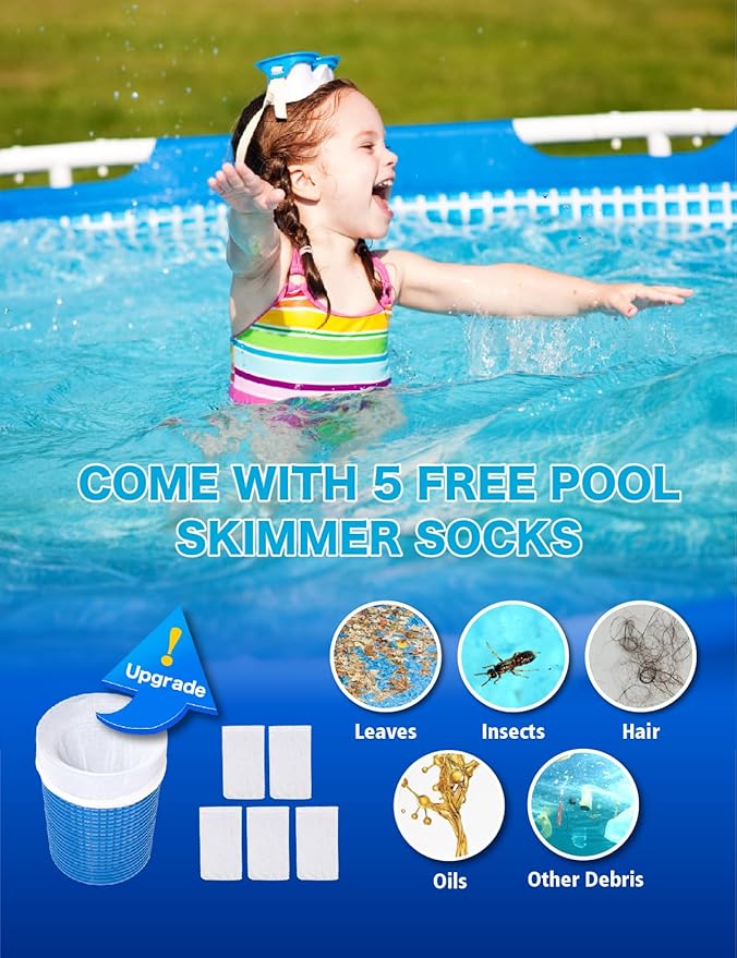 Above Ground Pool Skimmer with 5 Skimmer Socks, Wall Mount Surface Skimmer with Hose & Basket, Compatible with Intex Pools, Adjustable Floating Filter, Automatically Removes Leaves & Debris