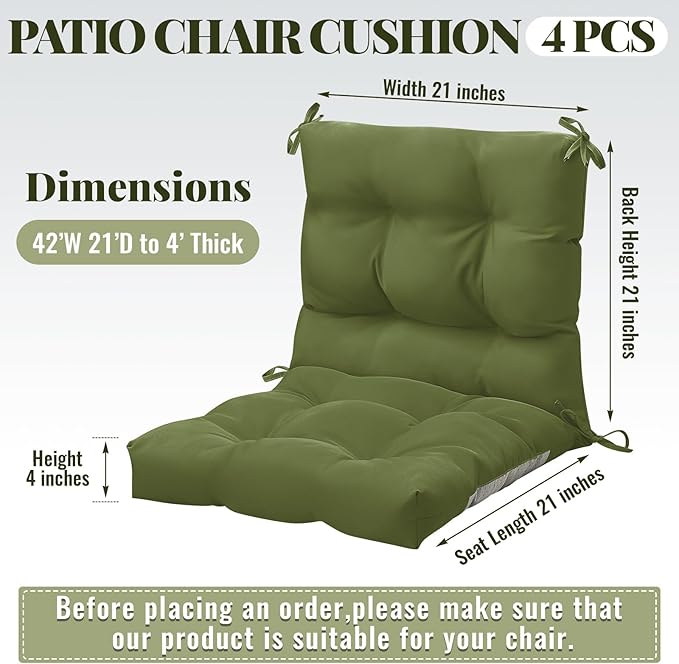 Marsui 4 Pcs Outdoor Indoor High Back Chair Cushions Patio Furniture Tufted Pillow with Ties Water-Resistant Replacement Outdoor Rocking Chair Cushions, 42 x 21 Inches (Moss Green,Solid Color)