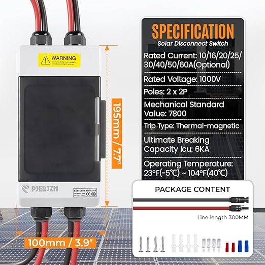 Solar Panels Disconnect Switch 50A 1000VDC PV Shut Off Switch 2 String Circuit Breaker Box IP66 Waterproof UV-Proof