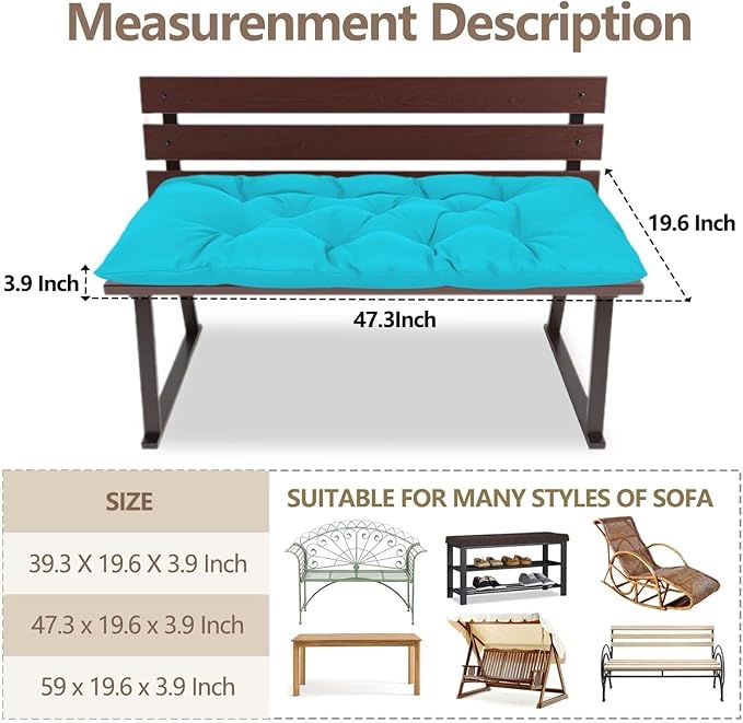 Yddsky 47.3 in Waterproof Indoor/Outdoor Garden Bench Seat Cushions，Thicken Patio Bench Soft Rocking Chairs Pad Lounger Seat for Wicker Loveseat Settee（47.3 X 19.6 X 3.9 in Turquoise）