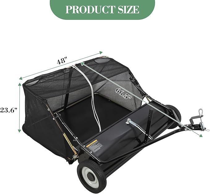 Tow Behind Lawn Sweeper, 48" Pull Behind Collector – Large Capacity Leaf & Grass Collector with Adjustable Height, Dumping Rope Design for Debris and Lawn Clippings