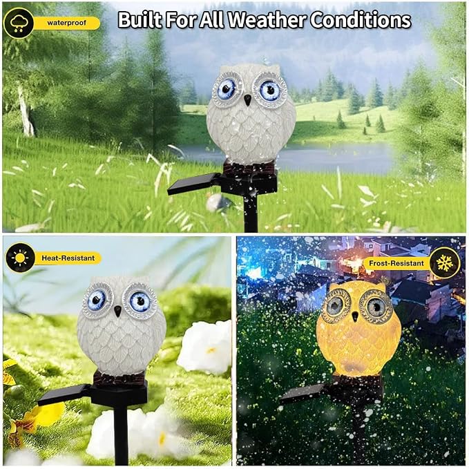 Solar Powered White Blue Eyed owl Lights, Garden Decorative Resin Cute Animal Ground lamp, Wireless Dusk to Dawn LED Warm Lights Waterproof.
