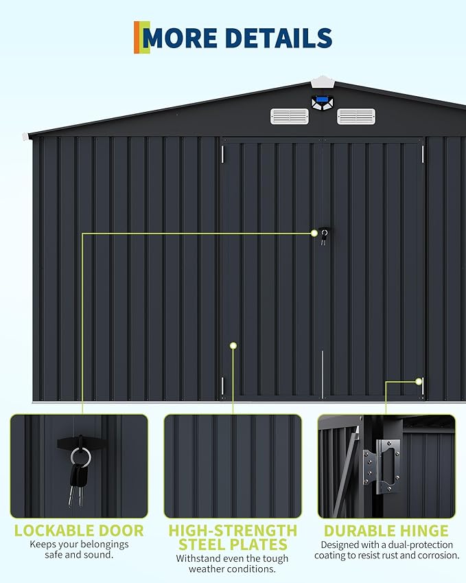 Garvee 10x12 ft Heavy-Duty Metal Storage Shed with Lockable Door & Windows - Galvanized Steel Outdoor Utility Shed with Sloped Roof for Backyard, Garden, Garage, and Patio, Dark Gray