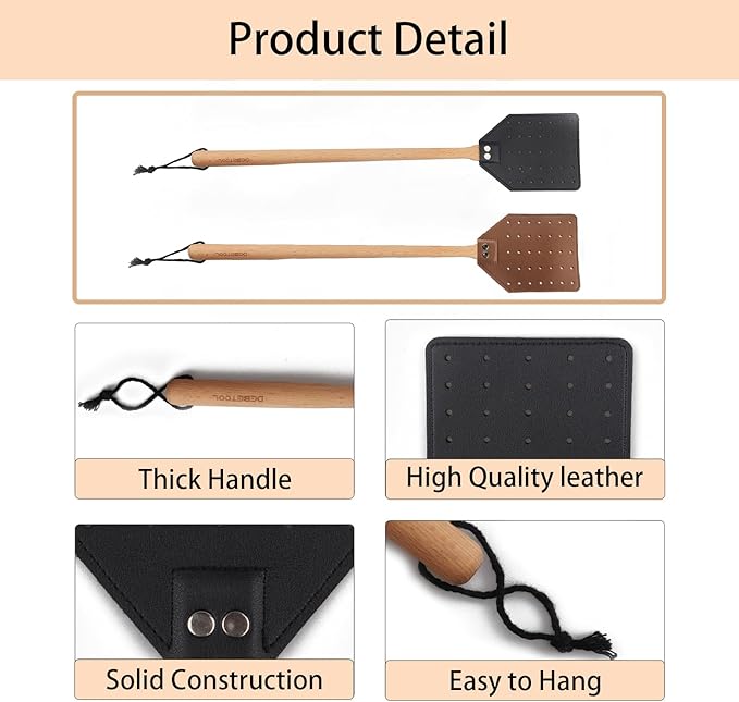 DEBETOOL 2 Pack Sturdy Leather Fly Swatter for Indoors - (19.7”)Long Handle Heavy Duty Wood Fly Swatter With Hanging Rope, Durable Fly Swatter for Outdoor Rustic Bug Swatter Flies,Mosquitoes And Bees