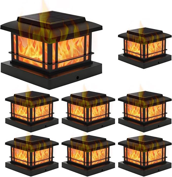 8 Pack Solar Post Cap Lights Outdoor with Flickering Flame, Fence Post Solar Lights Fit for 4x4 3.5x3.5 Wooden Vinyl Posts, Waterproof Solar Lamp for Garden, Deck, Patio, Yard Decor (Black)