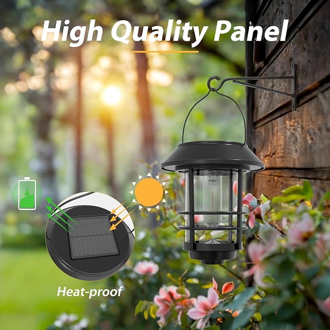 Otdair Solar Lanterns Outdoor Waterproof 2 Pack, Auto On/Off Hanging Solar Lights for Outside with Wall Mount, Outdoor Lighting Outdoor Decorative for Wall, Front Porch, Yard, Garden, Fence