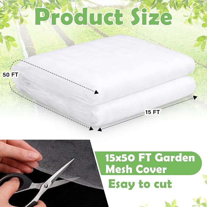 Garden Insect Netting for Raised Beds Extra Large Fruits Tree Netting Pest Barrier White Ultra Fine Mesh Row Bed Covers Net for Vegetable Fruit Protection from Insect Bird Animals(15 x 50 ft)
