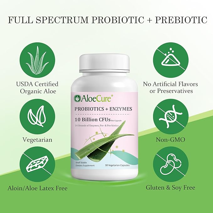 AloeCure Daily Probiotics 10 Billion CFU for Digestive Support 8 Strains, 6 Prebiotics & Enzymes - Digestive Supplement with Bromelain for Women & Men - Gut Support, Digestive Relief, 30 Caps x 2btls