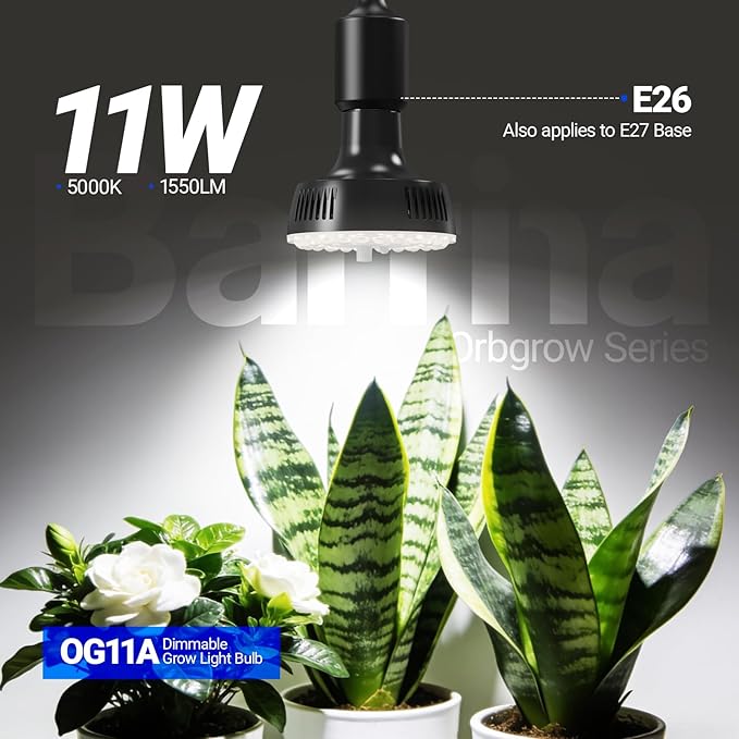 Barrina Orbgrow OG11A Grow Light Bulbs for Indoor Plants, Integrated Dimming & Timing, 5000K 11W(100 Watt Equiv), E26 Plant Light Bulb, Full Spectrum, High PPFD for Seeds and Greens, 1 Pack, Black
