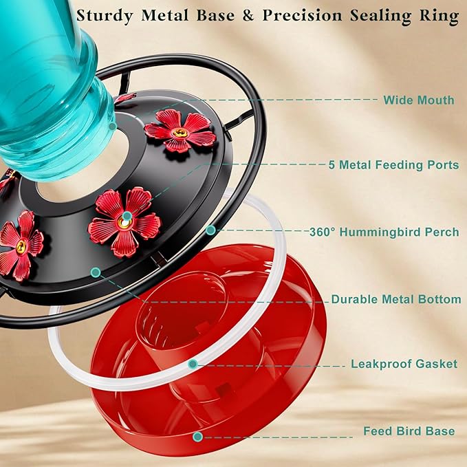 24 OZ Hummingbird Feeder for Outdoors Hanging, Heavy-Duty Thick Glass Bird Feeder with Floral Decals, Leak-Resistant Metal Base with 5 Feeding Ports & Perch, Decorative Garden Decor(Blue)