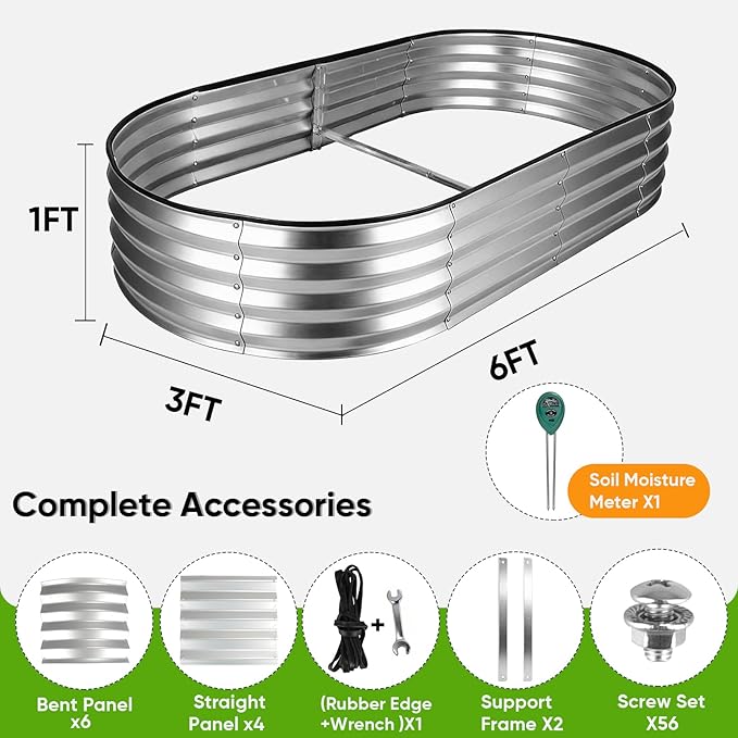 Galvanized Raised Garden Bed 6x3x1ft, Rust-Resistant Metal Oval Planter Box Outdoor, Easy Assembly Planting Bed Kit for Vegetables, Fruits, Herbs - Silver