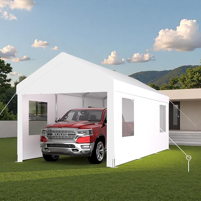 10x20FT Canopy, Outdoor Portable Garage with 2 Roll-Up Doors & 4 Ventilated Windows, Patio Camping Heavy Duty Car Port Canopy with PE Cover, Ground Pegs & Steel Cables, Easy Assembly, White