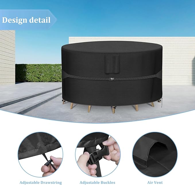 RICHIE Round Patio Furniture Covers - 600D Heavy Duty Waterproof Outdoor Table Cover, Lawn Furniture Set Covers for Dining Table and Chairs Seating 84"DIAx28"H