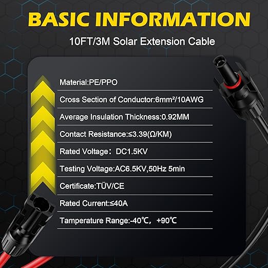 10Ft Solar Cable Solar Extension Cable,10AWG Solar Panel Extension Cable with Female and Male Connectors,Waterproof Solar Extension Cable Kit (Red and Black).