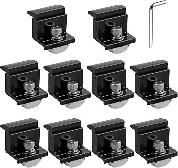 Anbte 10pcs Solar Panel Mounting Brackets 30-50mm Adjustable, Aluminum Solar Panel End Clamp Include 10*Screw M8 and 1*Wrench, Solar Mount Kit for Metal Roof, Tin Roof, Flat Roof, Sheet Roof, Black