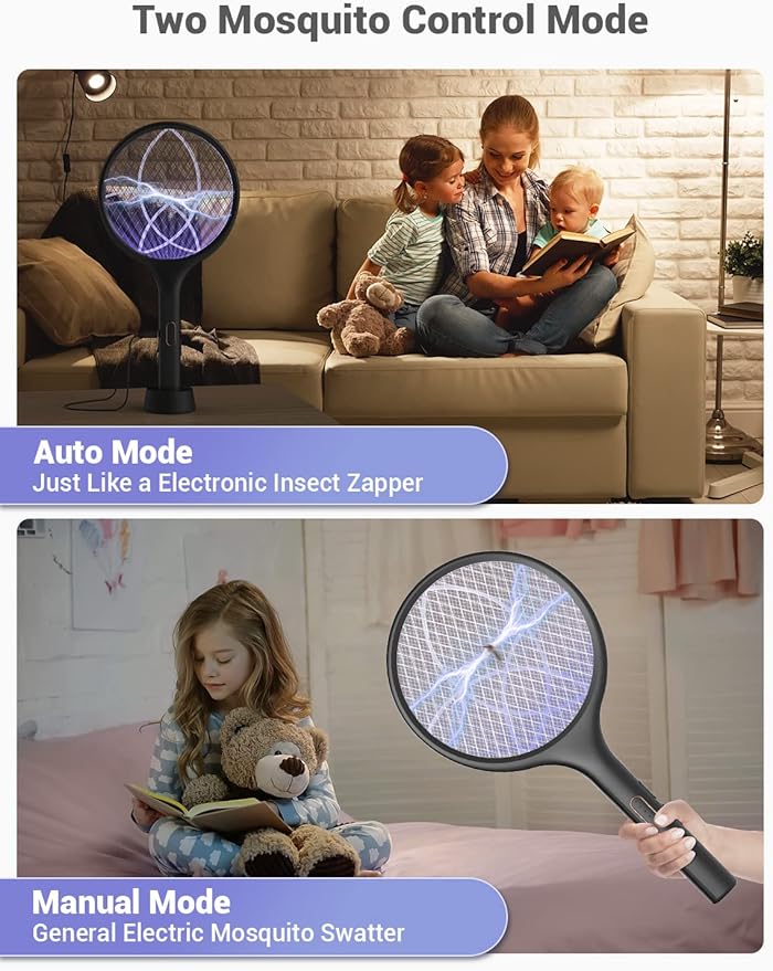 YISSVIC Electric Fly Swatter 4000V Bug Zapper Racket Dual Modes Mosquito Killer with Purple Mosquito Light Rechargeable for Indoor Home Office Backyard Patio Camping (Black-1 Pack)